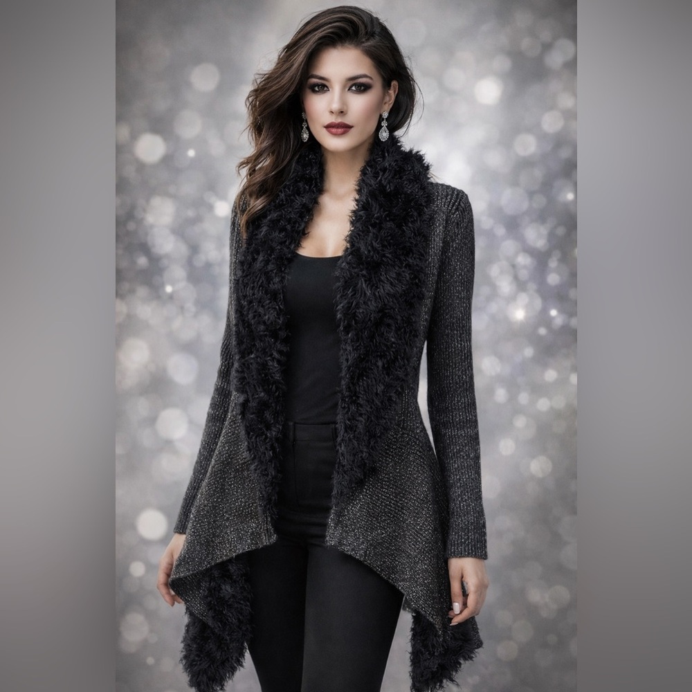 Black Metallic Shimmer Faux Fur Trim Draped Cardigan Jacket Glam Evening Layer
